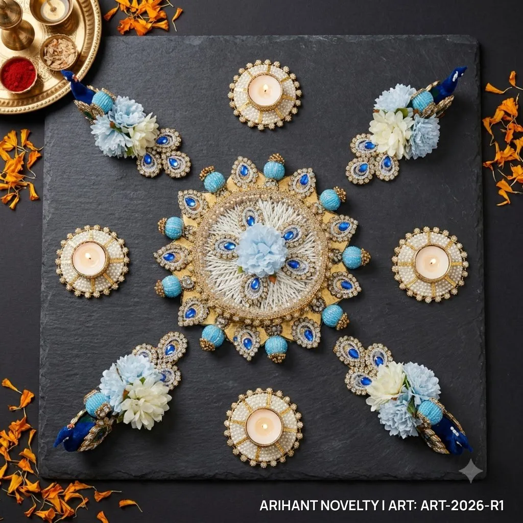Reusable Peacock Blue Floral Rangoli with Tea-Lights – handmade Rangoli rakhi from Bikaner by Arihant Novelty