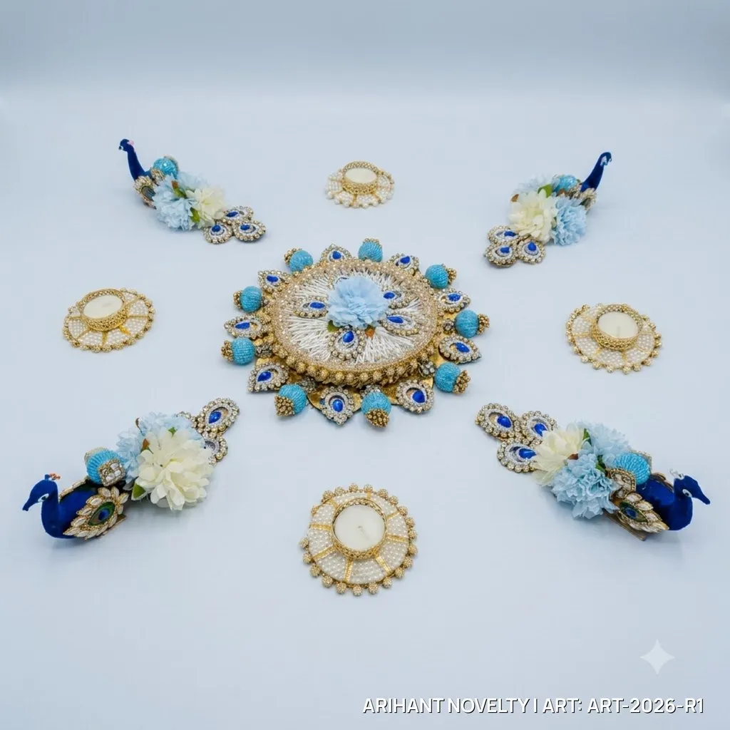 Reusable Peacock Blue Floral Rangoli with Tea-Lights – handmade Rangoli rakhi from Bikaner by Arihant Novelty
