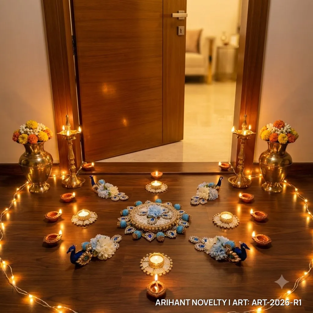 Reusable Peacock Blue Floral Rangoli with Tea-Lights – handmade Rangoli rakhi from Bikaner by Arihant Novelty