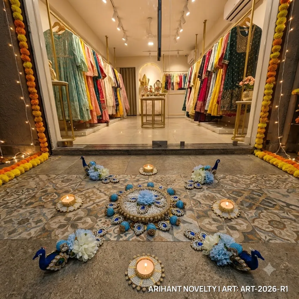 Reusable Peacock Blue Floral Rangoli with Tea-Lights – handmade Rangoli rakhi from Bikaner by Arihant Novelty
