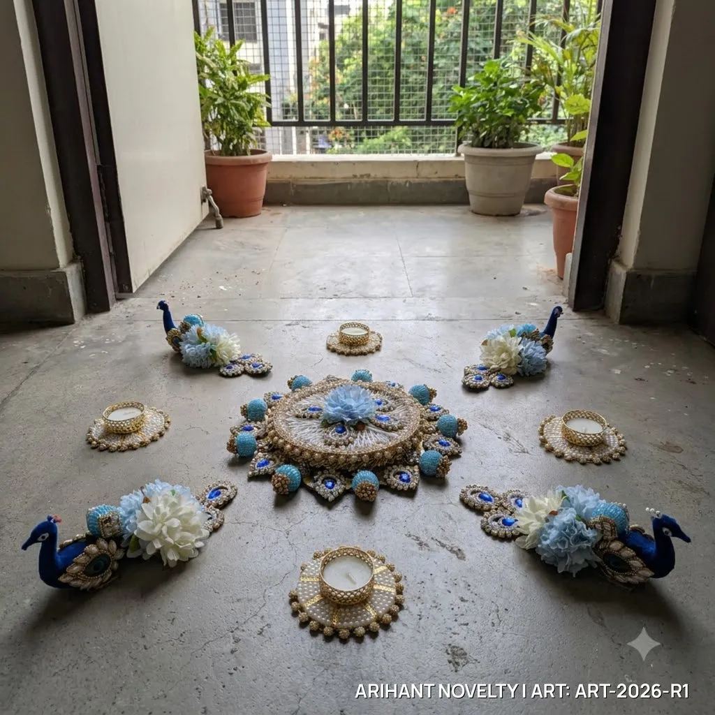 Reusable Peacock Blue Floral Rangoli with Tea-Lights – handmade Rangoli rakhi from Bikaner by Arihant Novelty