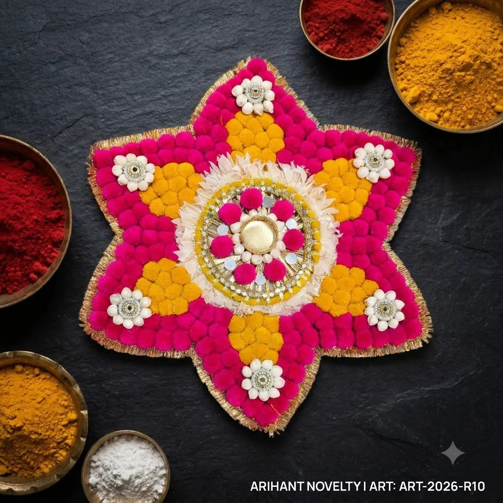Pom-Pom Star Rangoli – handmade Rangoli rakhi from Bikaner by Arihant Novelty