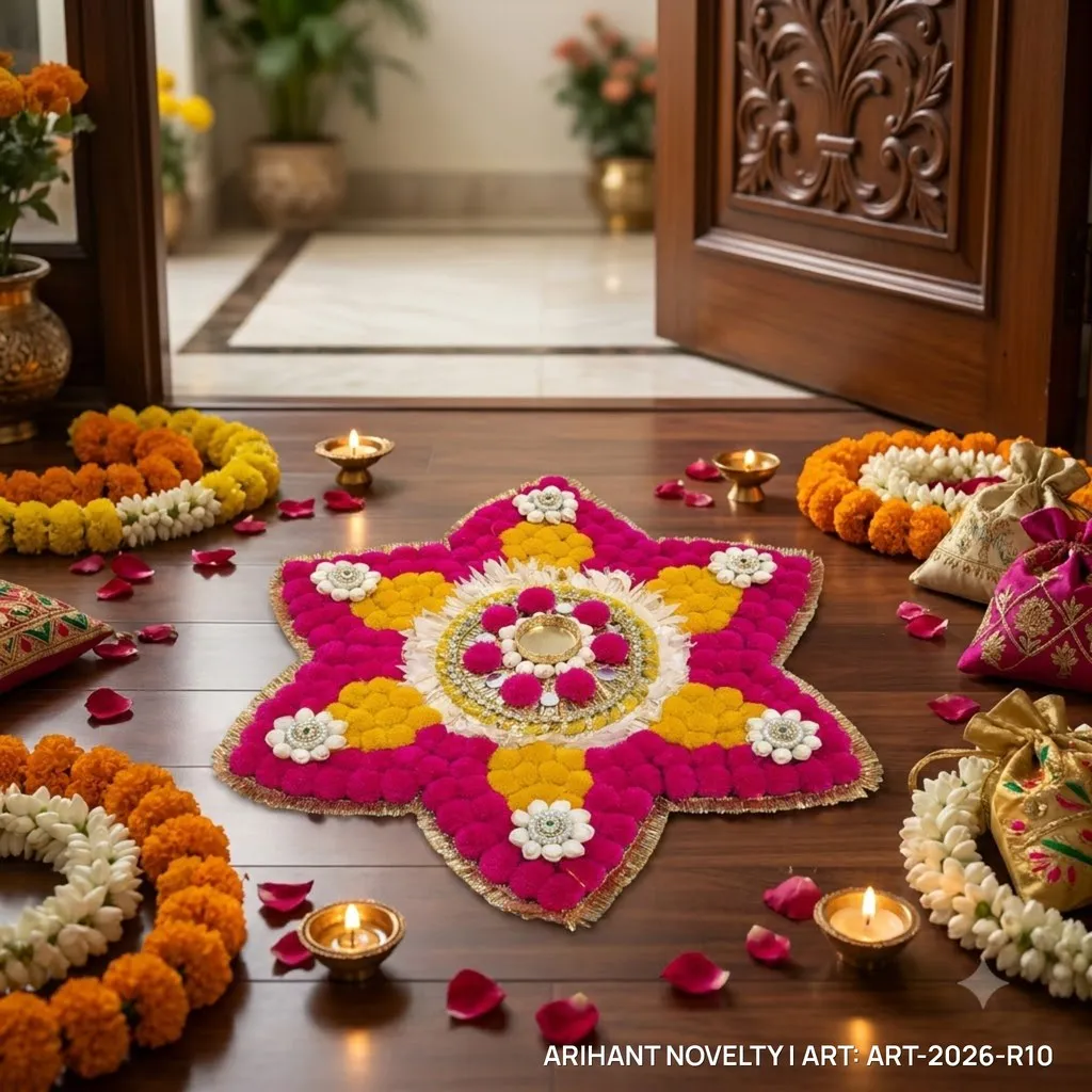 Pom-Pom Star Rangoli – handmade Rangoli rakhi from Bikaner by Arihant Novelty
