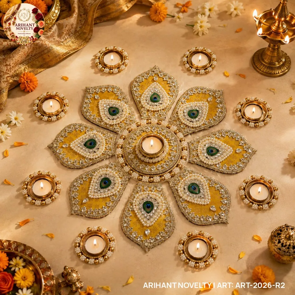 Reusable Peacock Feather Flower Rangoli, Mustard – handmade Rangoli rakhi from Bikaner by Arihant Novelty