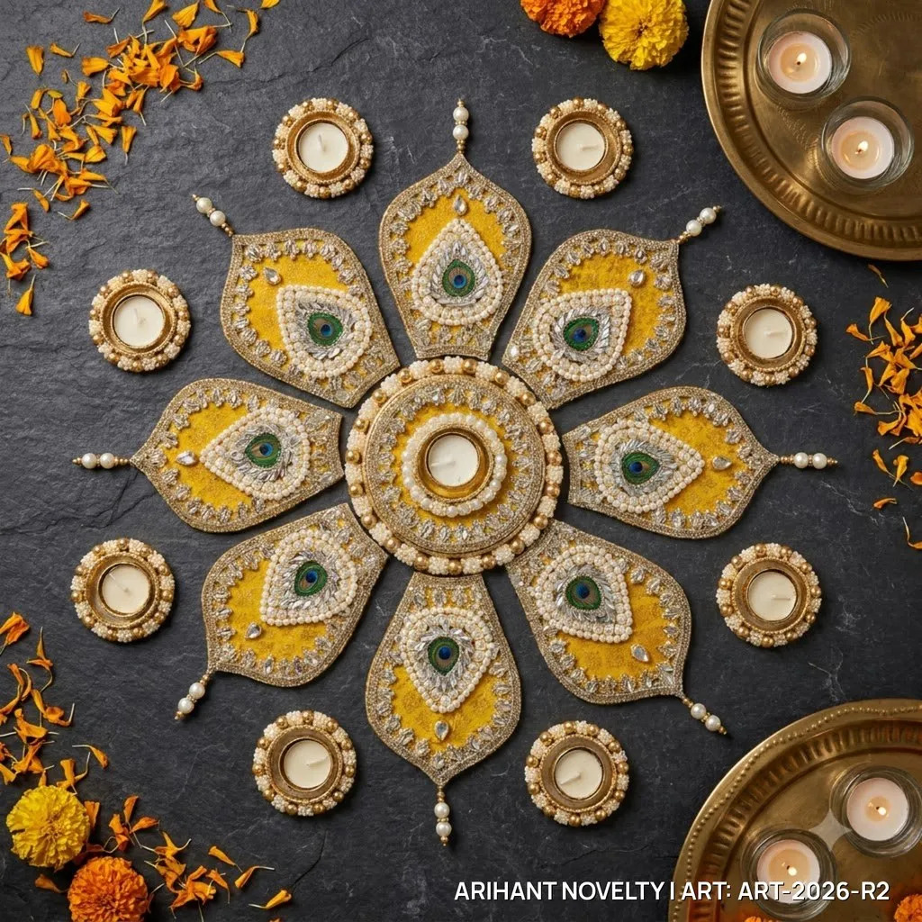 Reusable Peacock Feather Flower Rangoli, Mustard – handmade Rangoli rakhi from Bikaner by Arihant Novelty