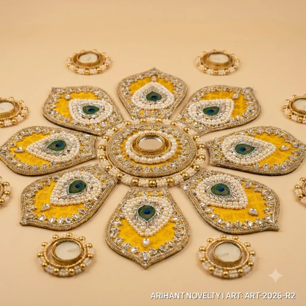 Reusable Peacock Feather Flower Rangoli, Mustard – handmade Rangoli rakhi from Bikaner by Arihant Novelty