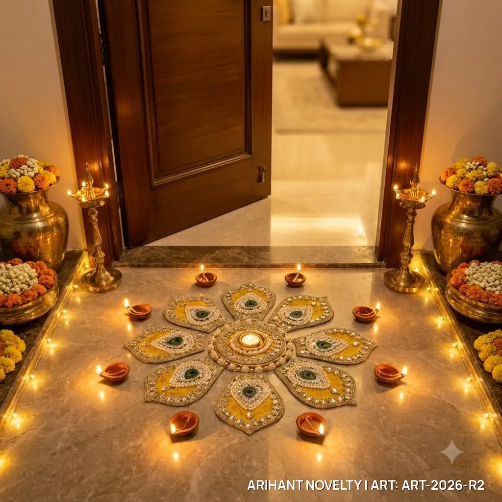 Reusable Peacock Feather Flower Rangoli, Mustard – handmade Rangoli rakhi from Bikaner by Arihant Novelty