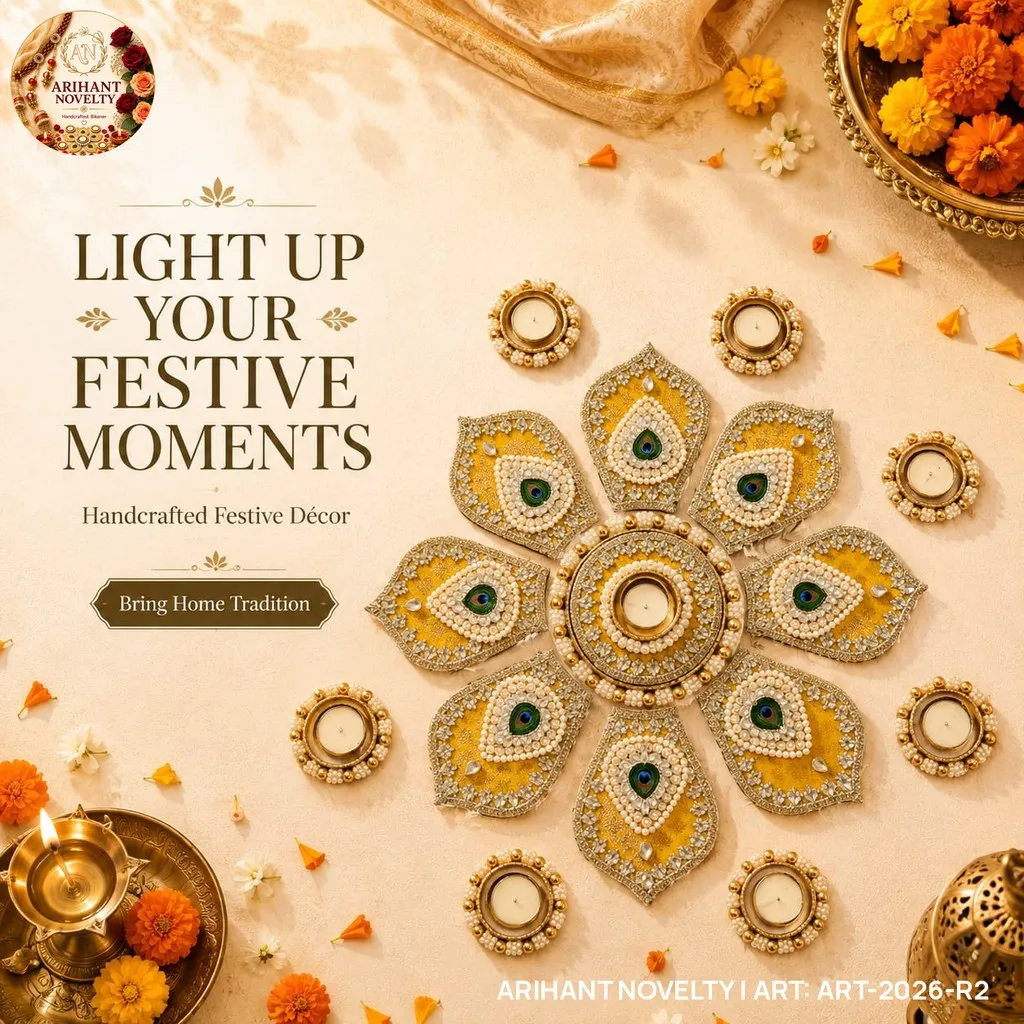 Reusable Peacock Feather Flower Rangoli, Mustard – handmade Rangoli rakhi from Bikaner by Arihant Novelty