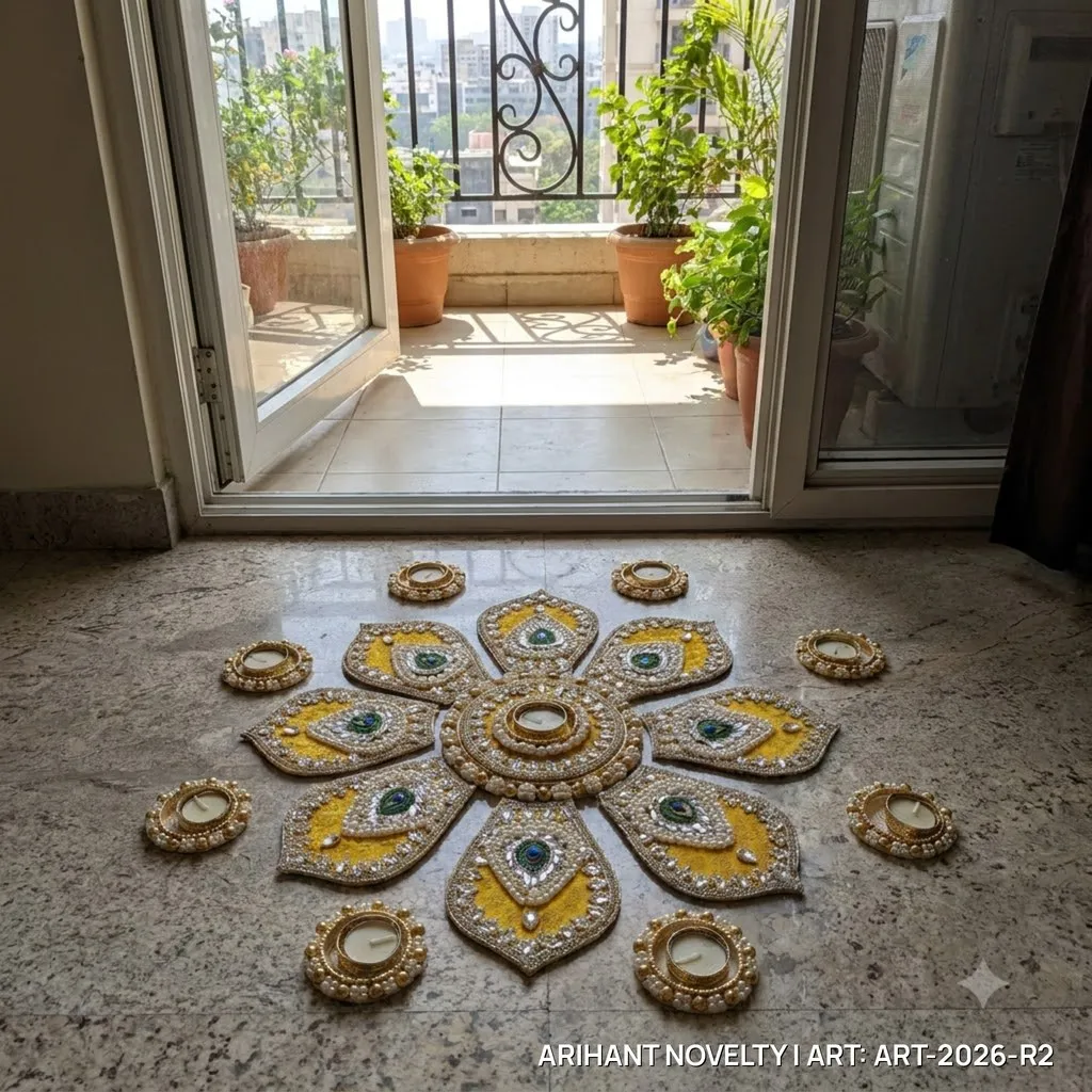 Reusable Peacock Feather Flower Rangoli, Mustard – handmade Rangoli rakhi from Bikaner by Arihant Novelty
