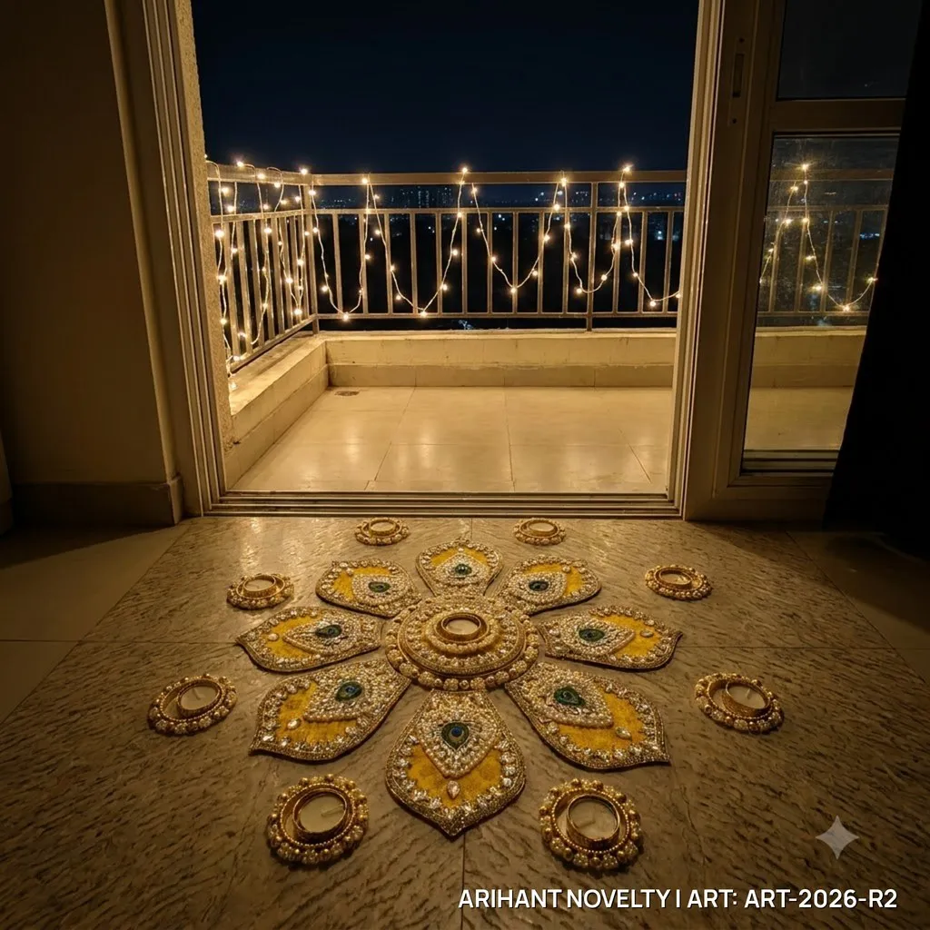 Reusable Peacock Feather Flower Rangoli, Mustard – handmade Rangoli rakhi from Bikaner by Arihant Novelty