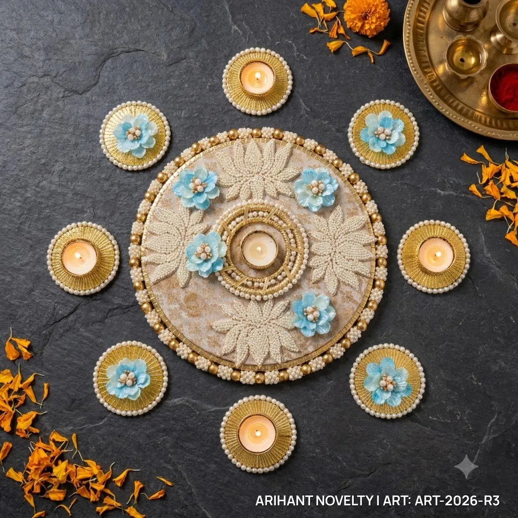 Reusable Ivory Pearl Lotus Rangoli with Sky-Blue Flowers – handmade Rangoli rakhi from Bikaner by Arihant Novelty
