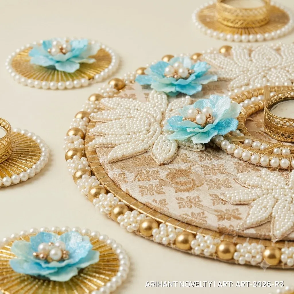 Reusable Ivory Pearl Lotus Rangoli with Sky-Blue Flowers – handmade Rangoli rakhi from Bikaner by Arihant Novelty