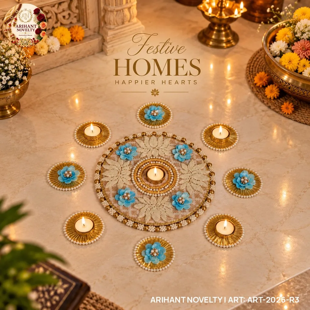 Reusable Ivory Pearl Lotus Rangoli with Sky-Blue Flowers – handmade Rangoli rakhi from Bikaner by Arihant Novelty