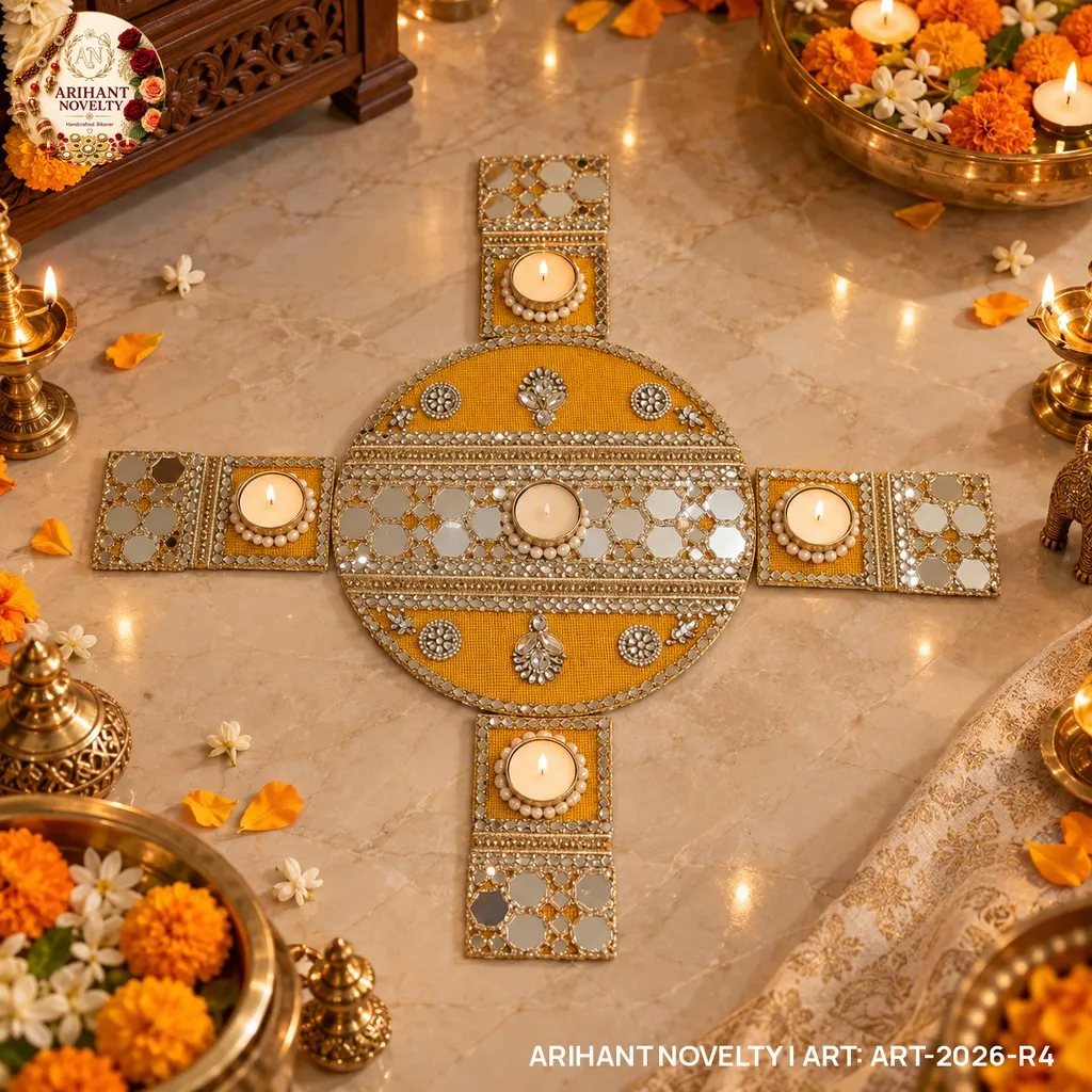 Reusable Mirror Mosaic Rangoli, Mustard – handmade Rangoli rakhi from Bikaner by Arihant Novelty
