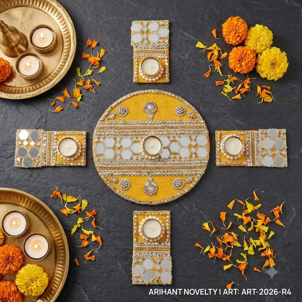 Reusable Mirror Mosaic Rangoli, Mustard – handmade Rangoli rakhi from Bikaner by Arihant Novelty