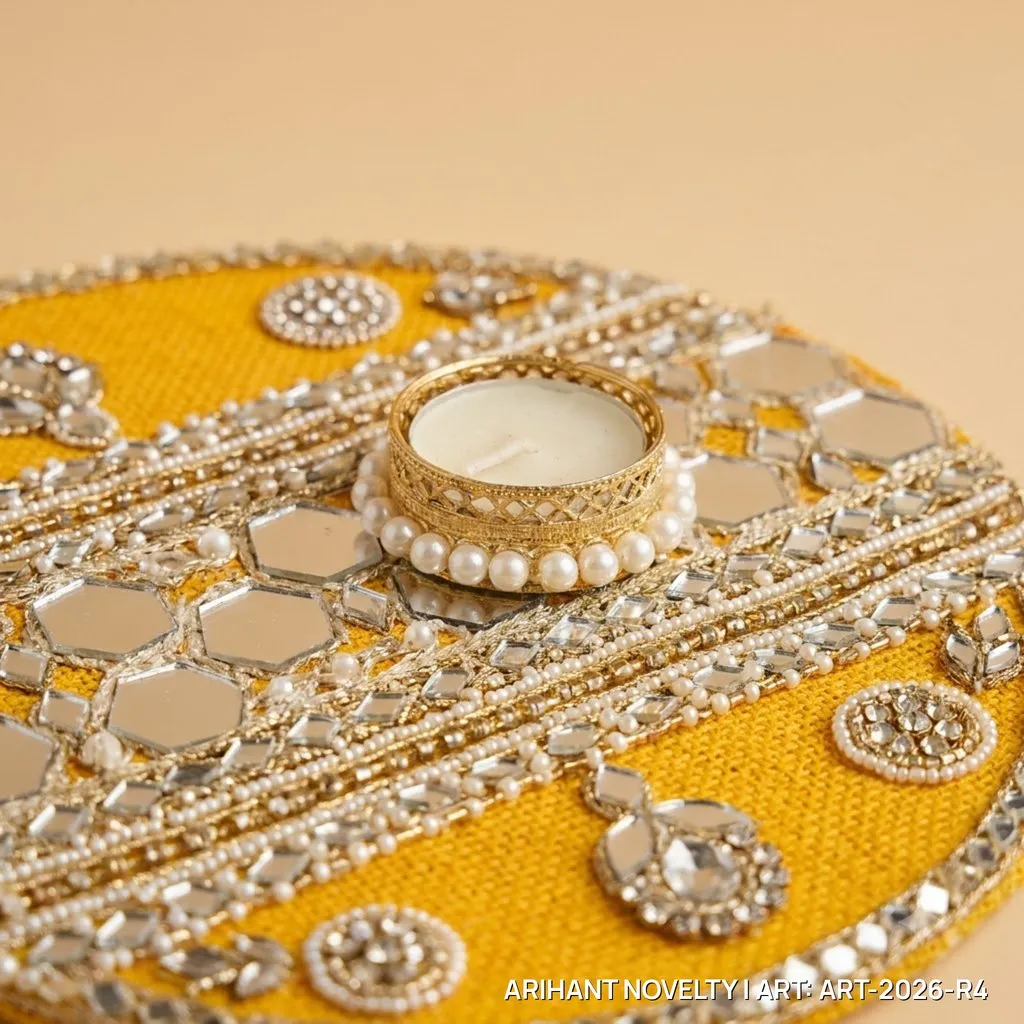 Reusable Mirror Mosaic Rangoli, Mustard – handmade Rangoli rakhi from Bikaner by Arihant Novelty