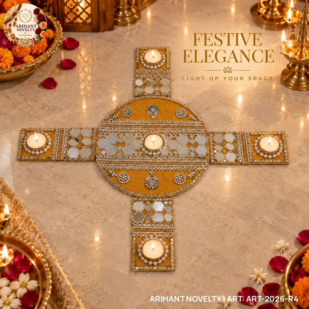 Reusable Mirror Mosaic Rangoli, Mustard – handmade Rangoli rakhi from Bikaner by Arihant Novelty