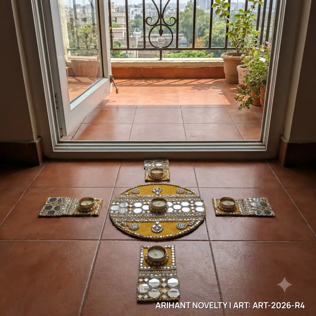 Reusable Mirror Mosaic Rangoli, Mustard – handmade Rangoli rakhi from Bikaner by Arihant Novelty
