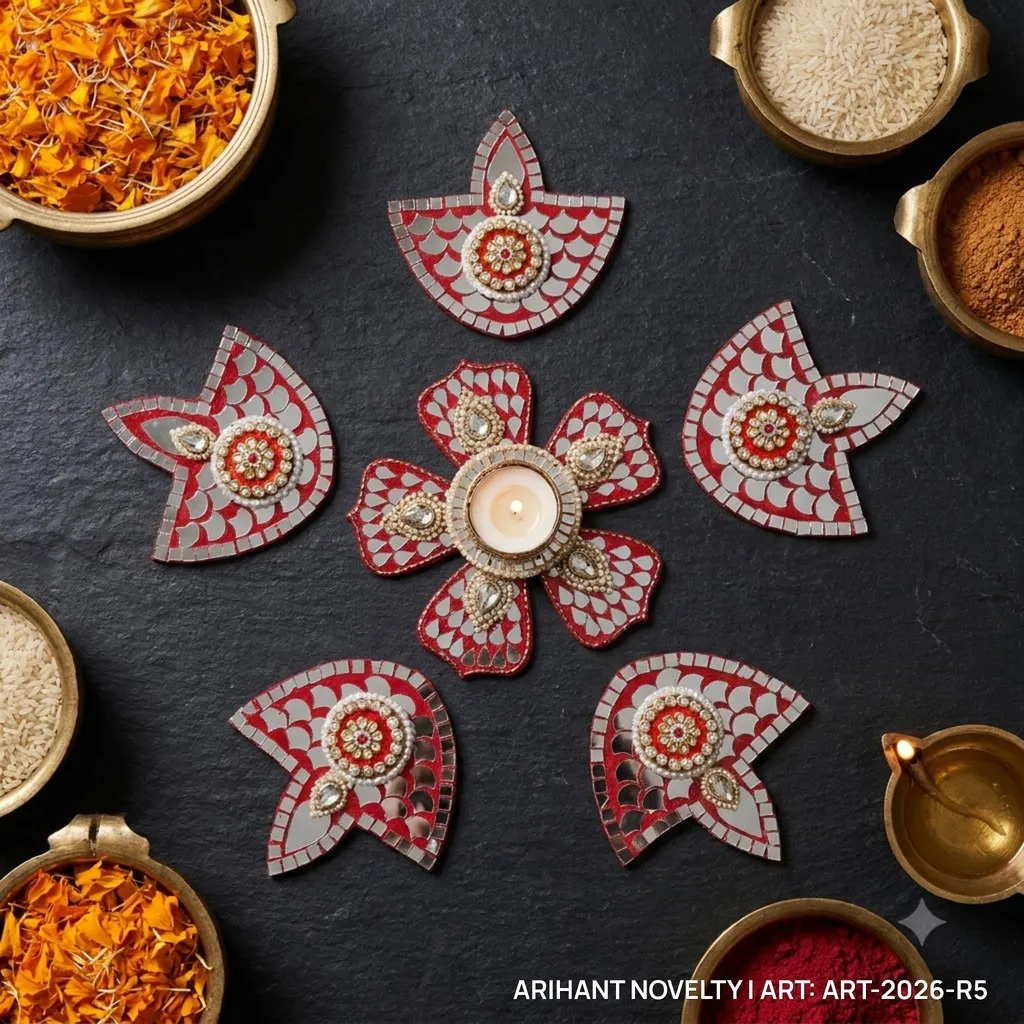 Red Lippan Mirror Rangoli Set – handmade Rangoli rakhi from Bikaner by Arihant Novelty