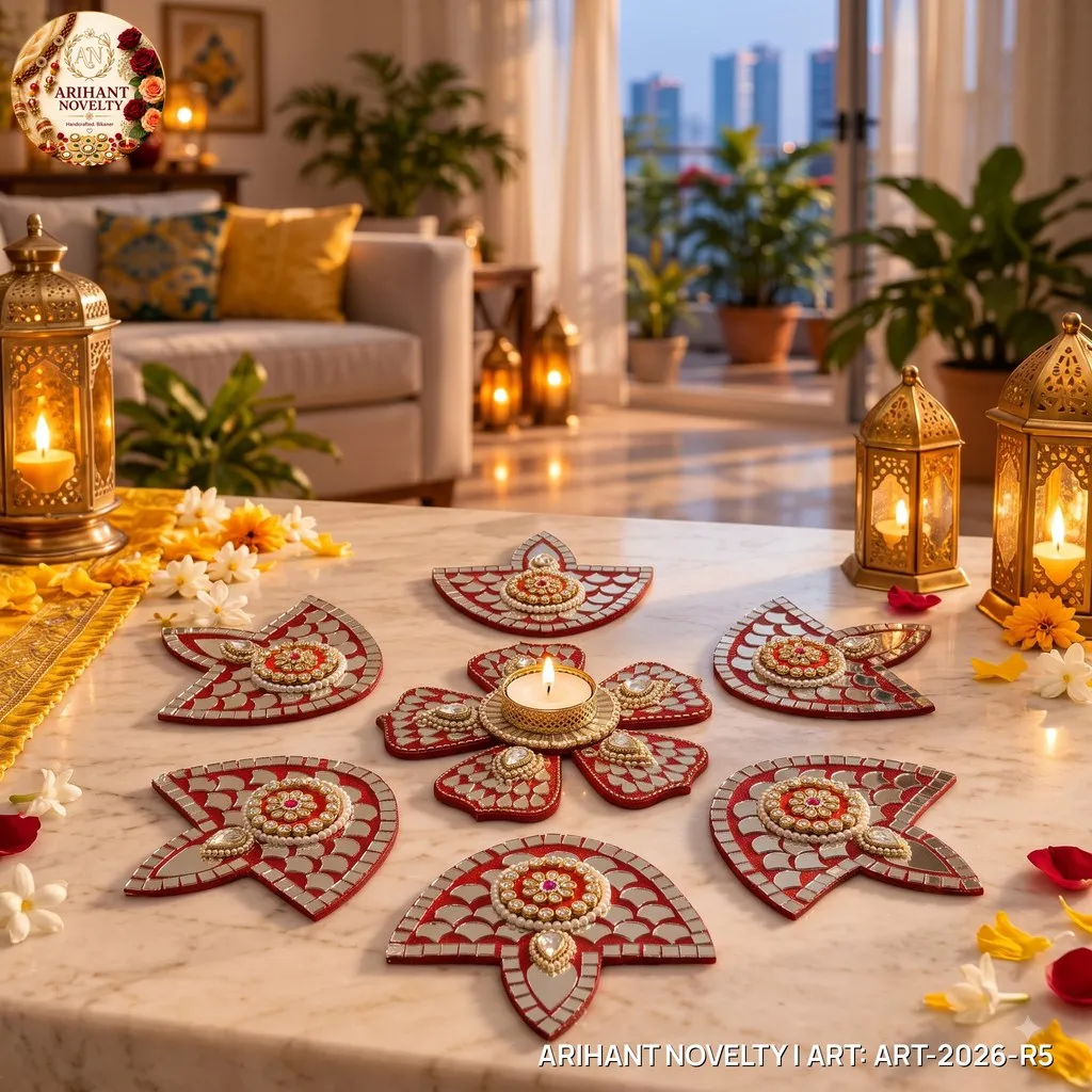 Red Lippan Mirror Rangoli Set – handmade Rangoli rakhi from Bikaner by Arihant Novelty