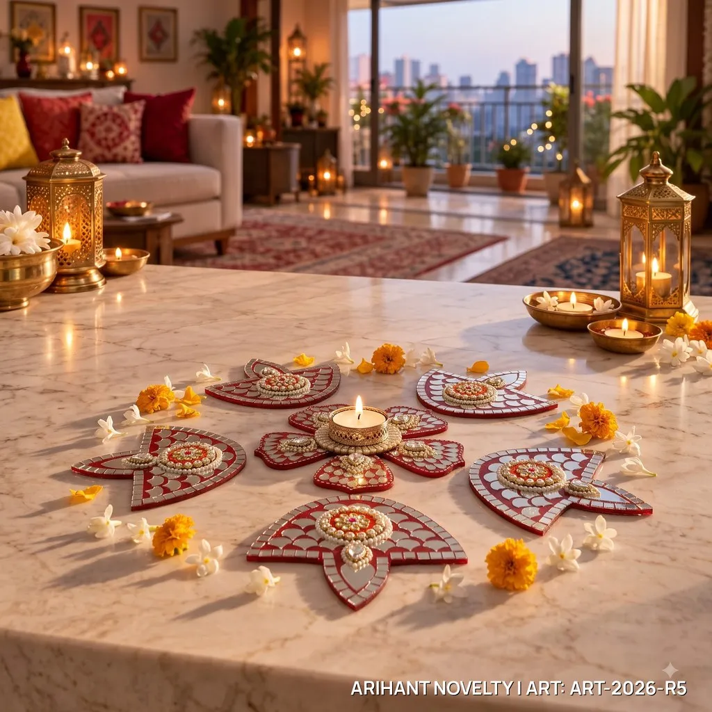 Red Lippan Mirror Rangoli Set – handmade Rangoli rakhi from Bikaner by Arihant Novelty