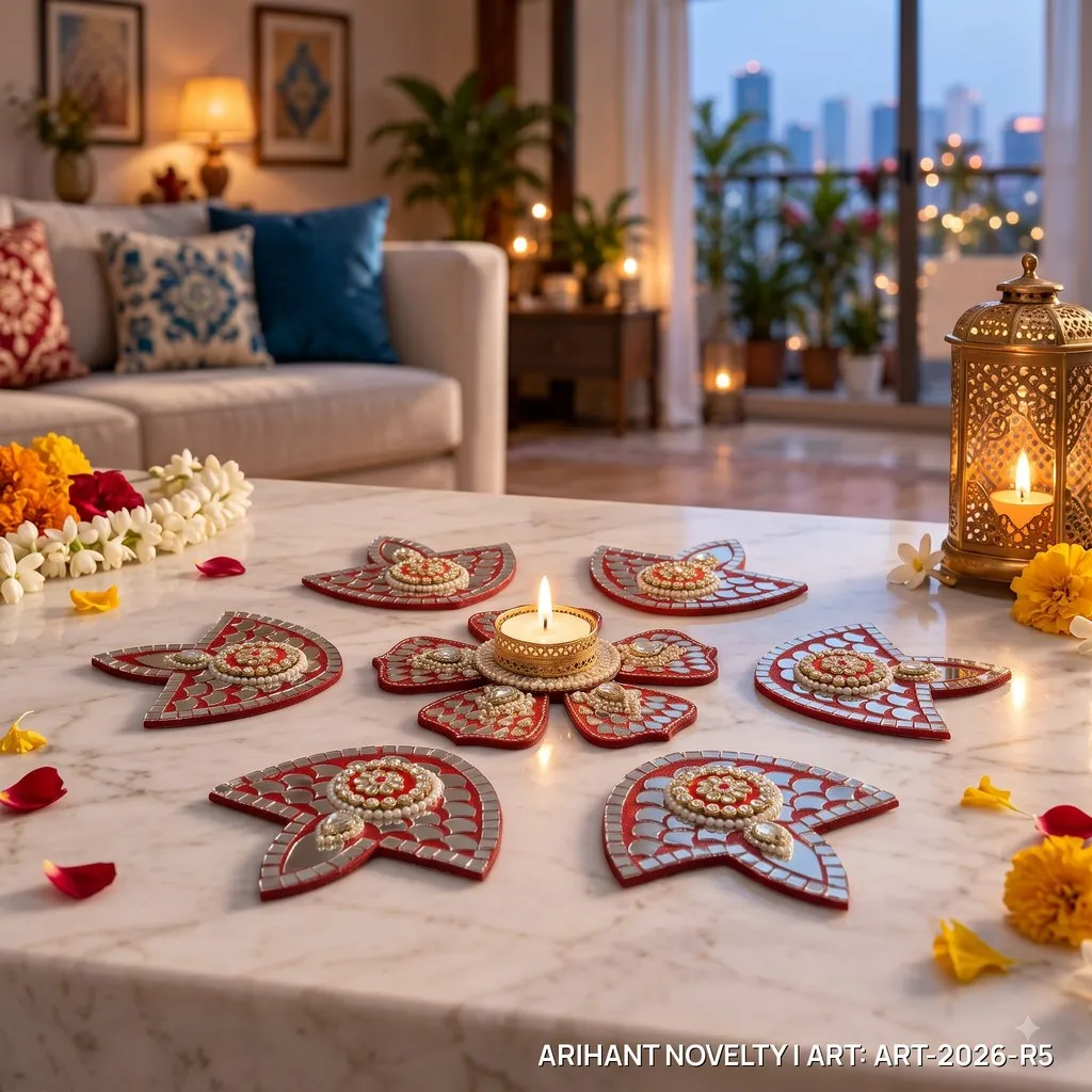 Red Lippan Mirror Rangoli Set – handmade Rangoli rakhi from Bikaner by Arihant Novelty