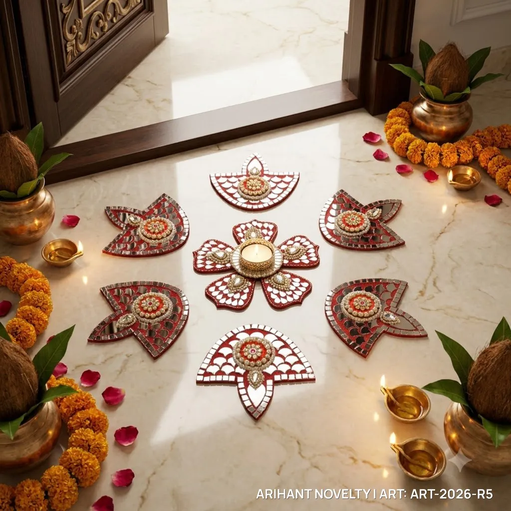 Red Lippan Mirror Rangoli Set – handmade Rangoli rakhi from Bikaner by Arihant Novelty