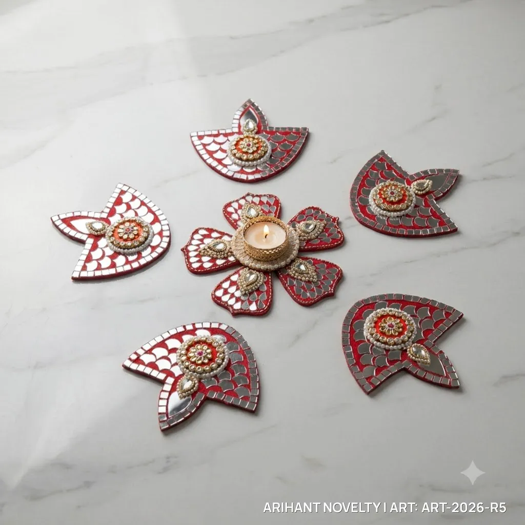 Red Lippan Mirror Rangoli Set – handmade Rangoli rakhi from Bikaner by Arihant Novelty