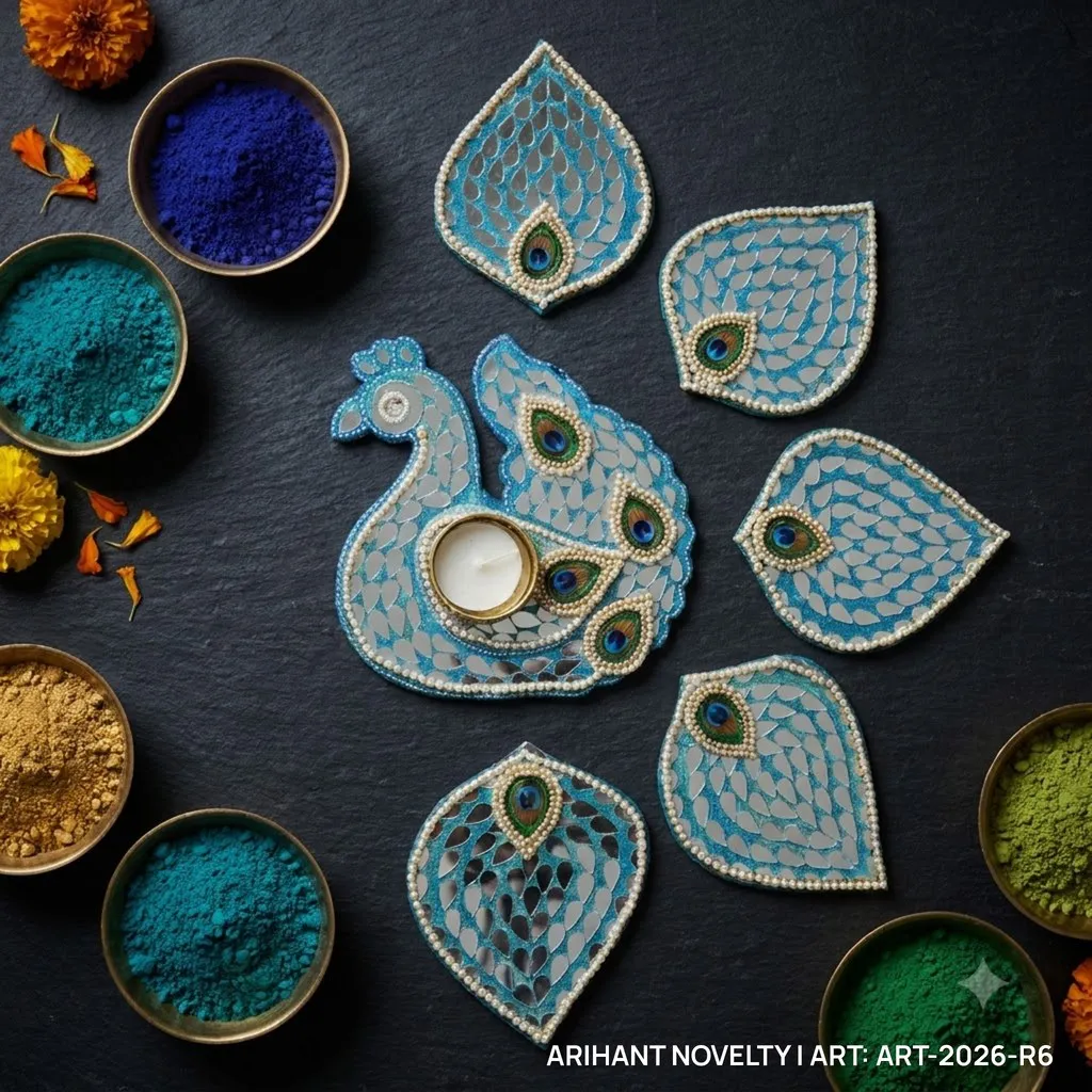 Peacock Lippan Mirror Rangoli Set – handmade Rangoli rakhi from Bikaner by Arihant Novelty