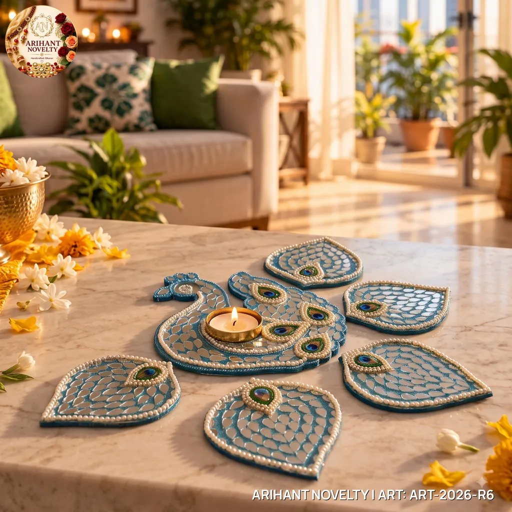 Peacock Lippan Mirror Rangoli Set – handmade Rangoli rakhi from Bikaner by Arihant Novelty