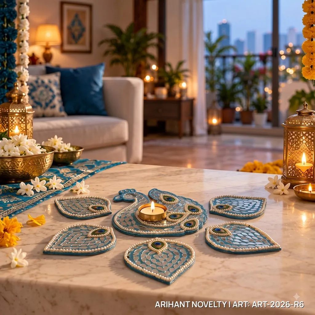Peacock Lippan Mirror Rangoli Set – handmade Rangoli rakhi from Bikaner by Arihant Novelty
