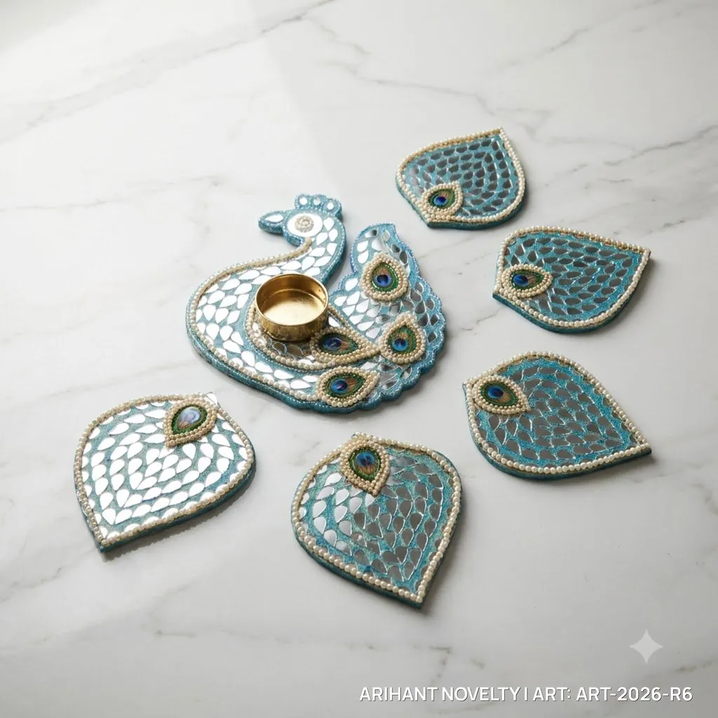 Peacock Lippan Mirror Rangoli Set – handmade Rangoli rakhi from Bikaner by Arihant Novelty