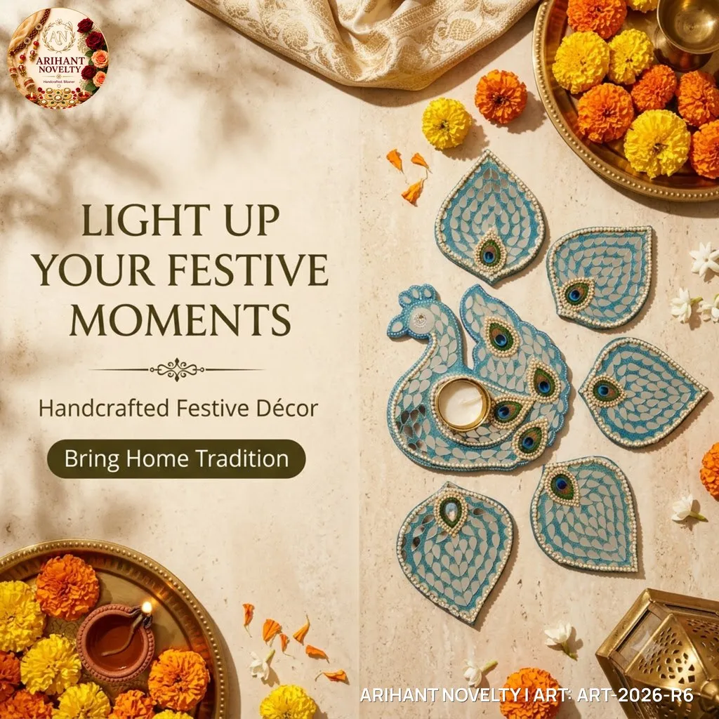 Peacock Lippan Mirror Rangoli Set – handmade Rangoli rakhi from Bikaner by Arihant Novelty