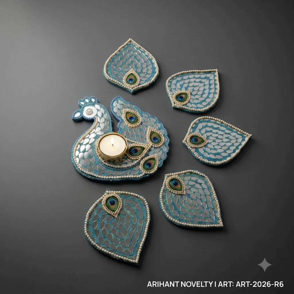 Peacock Lippan Mirror Rangoli Set – handmade Rangoli rakhi from Bikaner by Arihant Novelty