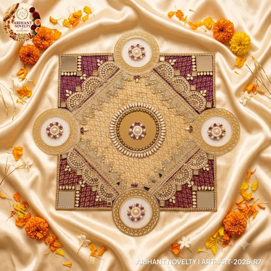Purple & Gold Zardosi Rangoli Mat – handmade Rangoli rakhi from Bikaner by Arihant Novelty
