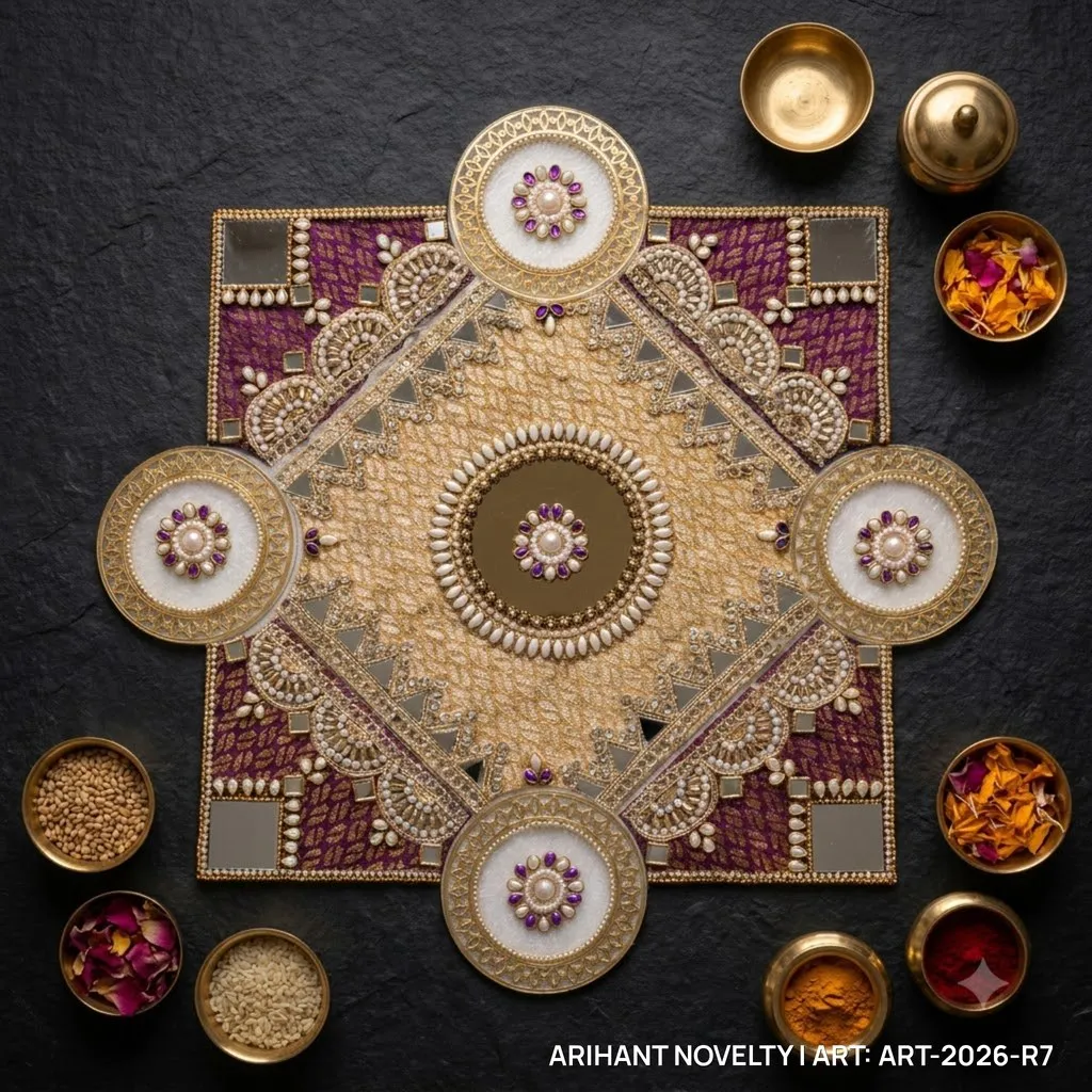 Purple & Gold Zardosi Rangoli Mat – handmade Rangoli rakhi from Bikaner by Arihant Novelty