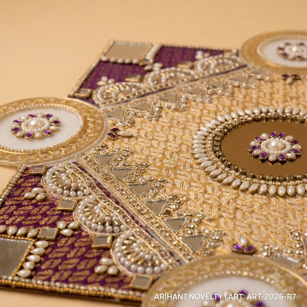 Purple & Gold Zardosi Rangoli Mat – handmade Rangoli rakhi from Bikaner by Arihant Novelty