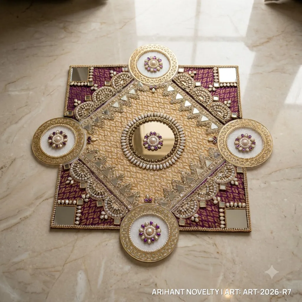 Purple & Gold Zardosi Rangoli Mat – handmade Rangoli rakhi from Bikaner by Arihant Novelty