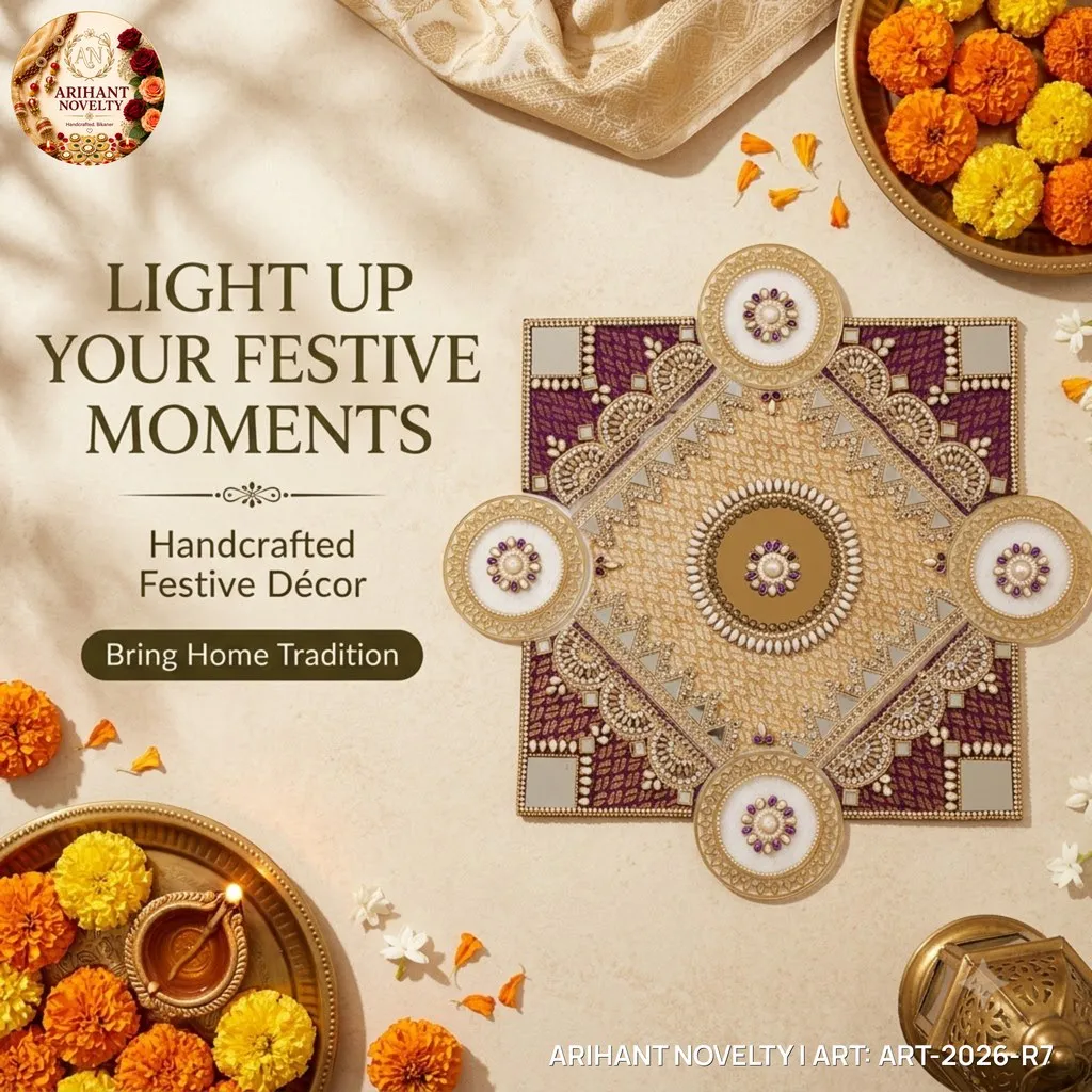 Purple & Gold Zardosi Rangoli Mat – handmade Rangoli rakhi from Bikaner by Arihant Novelty