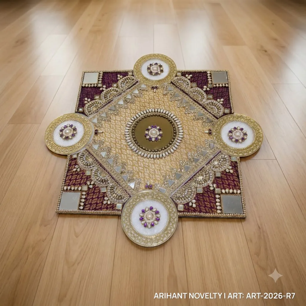 Purple & Gold Zardosi Rangoli Mat – handmade Rangoli rakhi from Bikaner by Arihant Novelty