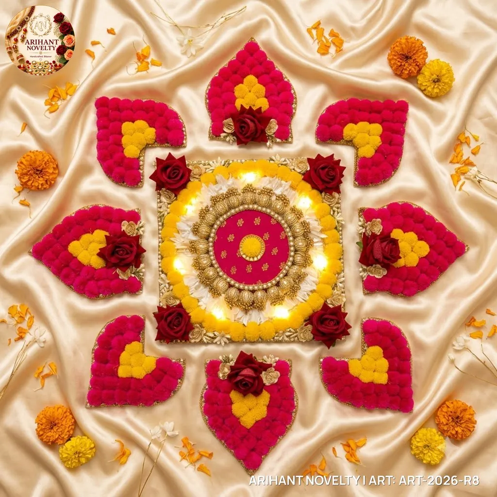 Pom-Pom & Rose Lit Rangoli Set – handmade Rangoli rakhi from Bikaner by Arihant Novelty
