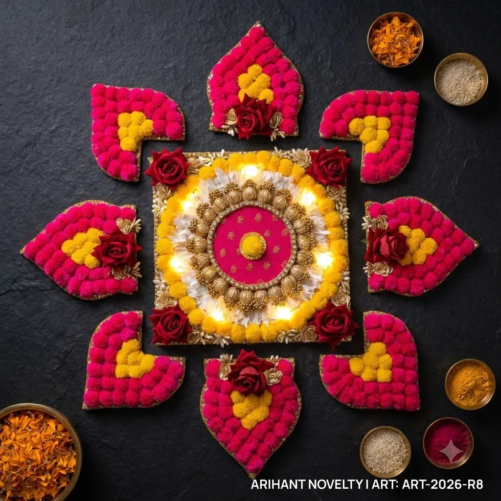 Pom-Pom & Rose Lit Rangoli Set – handmade Rangoli rakhi from Bikaner by Arihant Novelty