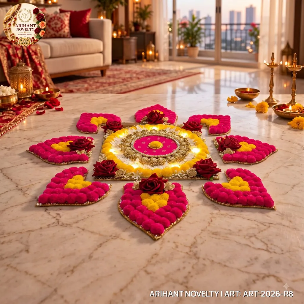 Pom-Pom & Rose Lit Rangoli Set – handmade Rangoli rakhi from Bikaner by Arihant Novelty