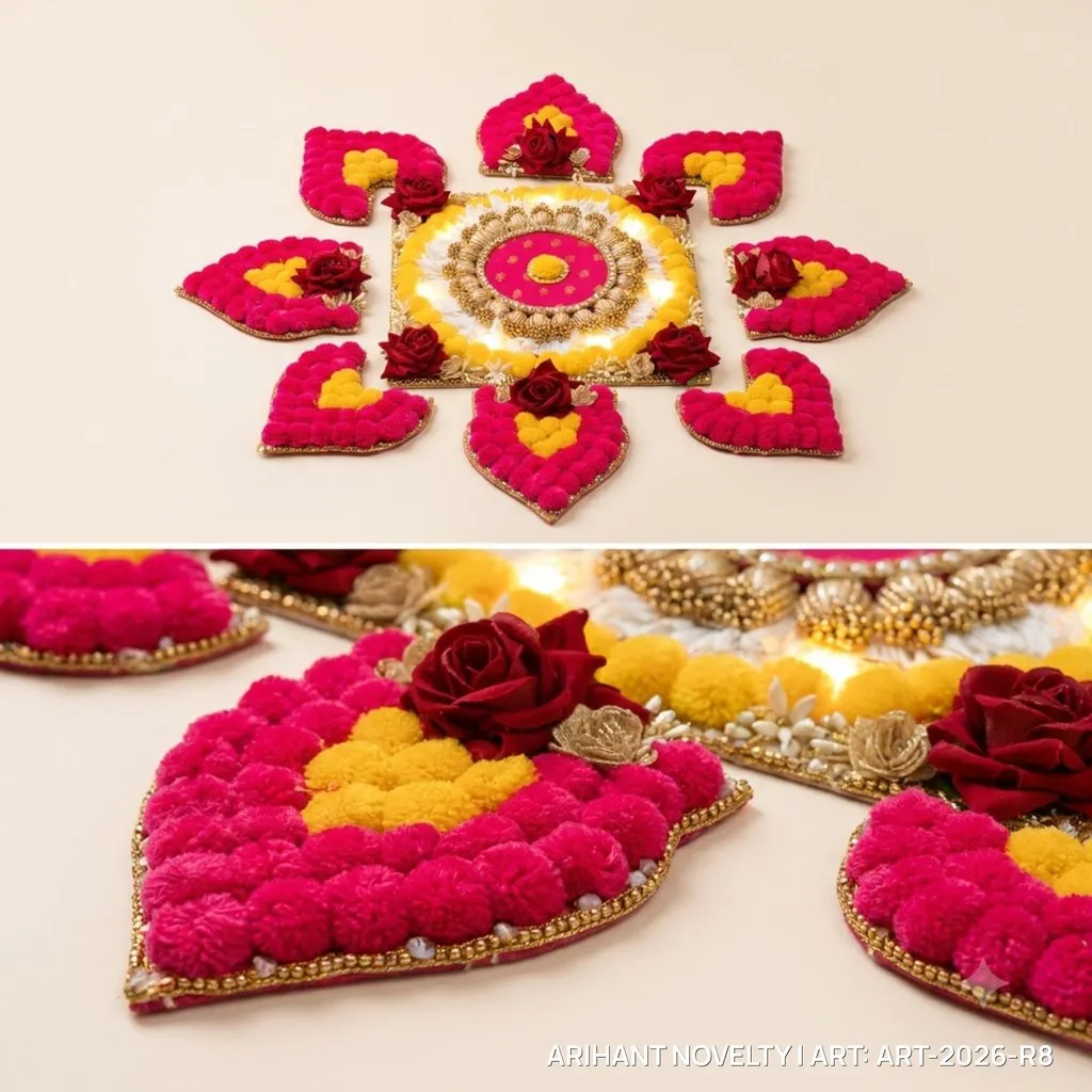 Pom-Pom & Rose Lit Rangoli Set – handmade Rangoli rakhi from Bikaner by Arihant Novelty