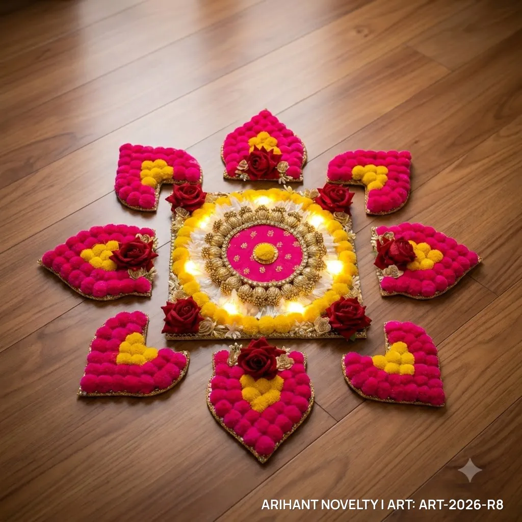 Pom-Pom & Rose Lit Rangoli Set – handmade Rangoli rakhi from Bikaner by Arihant Novelty