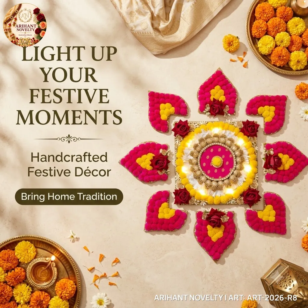 Pom-Pom & Rose Lit Rangoli Set – handmade Rangoli rakhi from Bikaner by Arihant Novelty