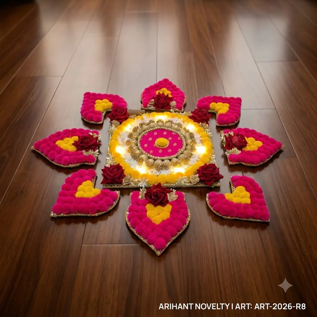 Pom-Pom & Rose Lit Rangoli Set – handmade Rangoli rakhi from Bikaner by Arihant Novelty