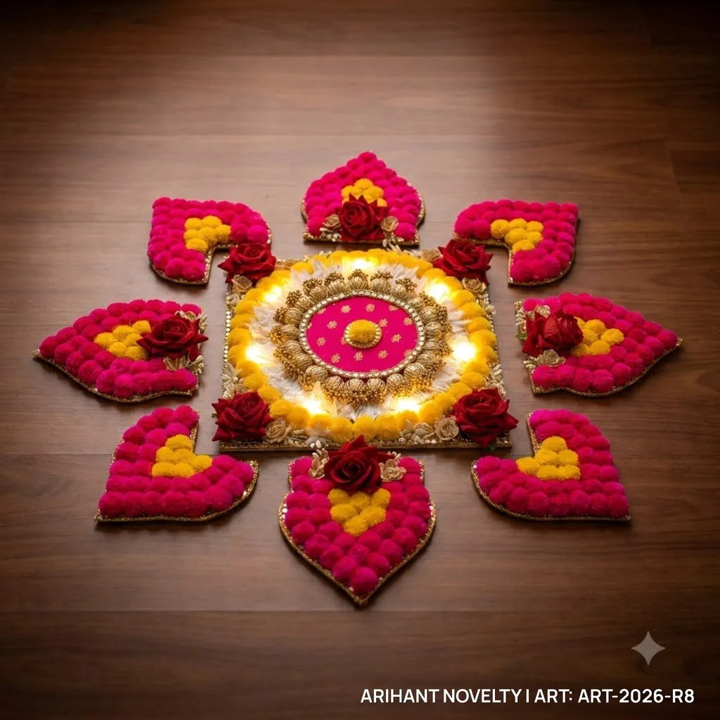 Pom-Pom & Rose Lit Rangoli Set – handmade Rangoli rakhi from Bikaner by Arihant Novelty