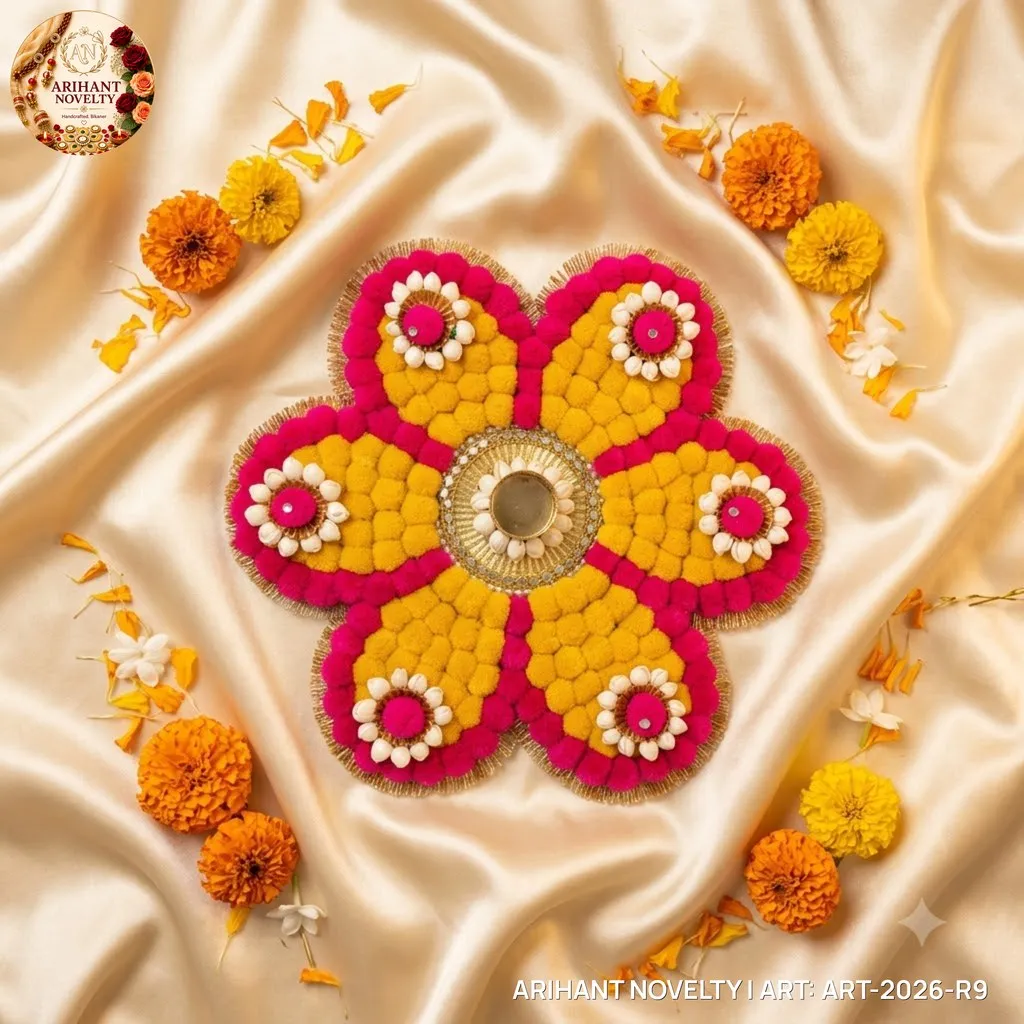 Pom-Pom Flower Rangoli – handmade Rangoli rakhi from Bikaner by Arihant Novelty