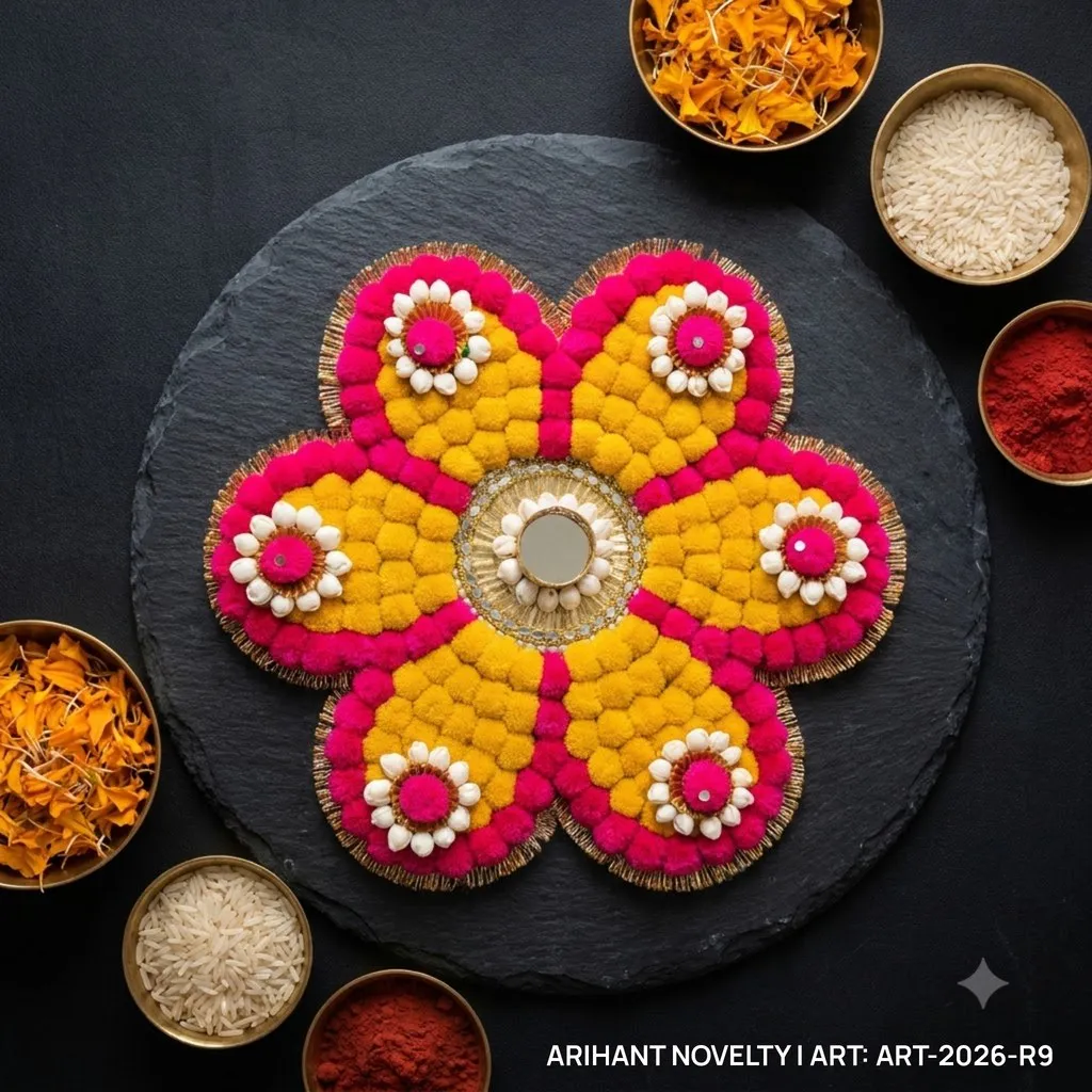 Pom-Pom Flower Rangoli – handmade Rangoli rakhi from Bikaner by Arihant Novelty